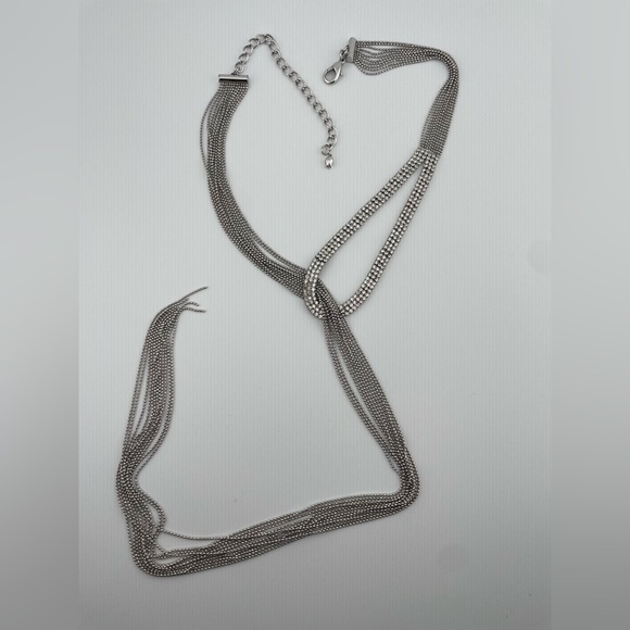 Modern Silver Mesh Lariat Necklace Rhinestone Loop Long Tassel Drop - Picture 6 of 11